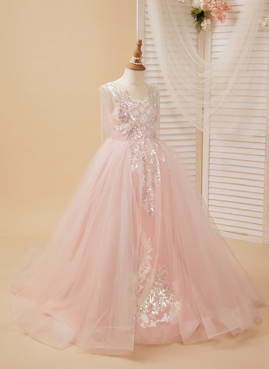 Princess-style Pink Satin Tulle Ball Gown for Flower Girls