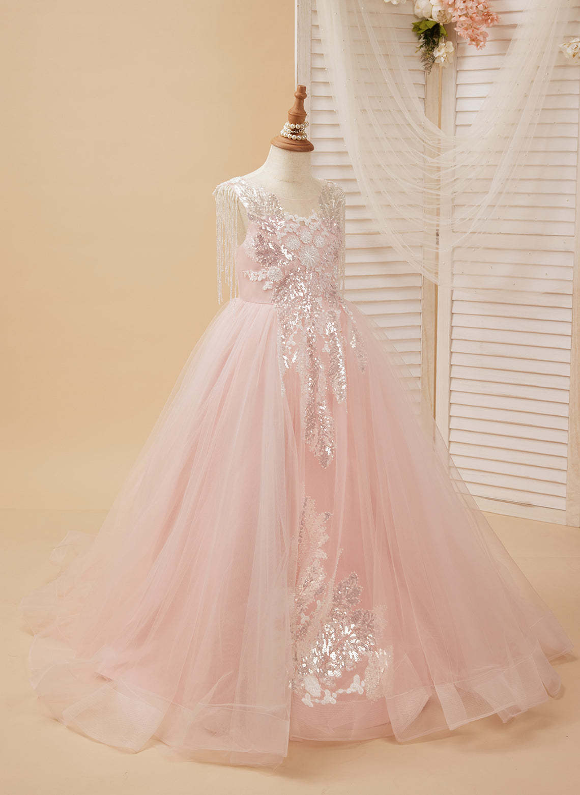 Princess-style Pink Satin Tulle Ball Gown for Flower Girls