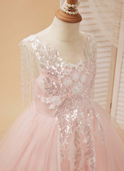 Princess-style Pink Satin Tulle Ball Gown for Flower Girls