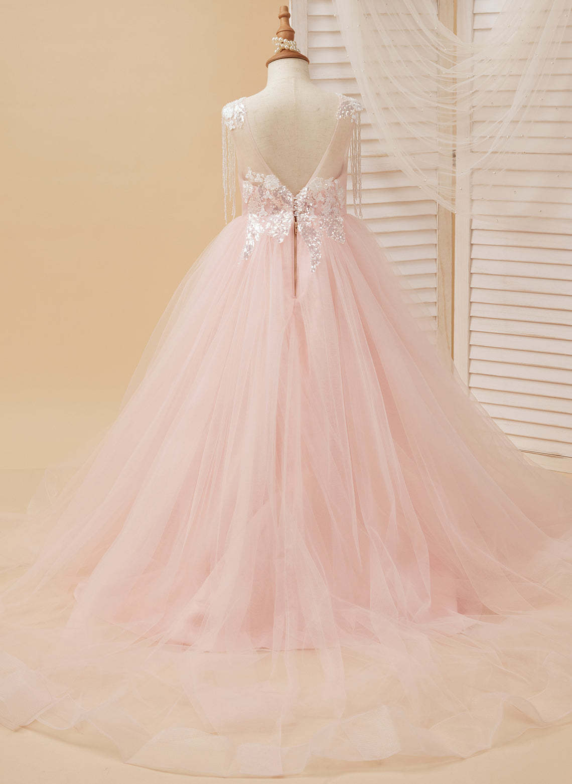 Princess-style Pink Satin Tulle Ball Gown for Flower Girls