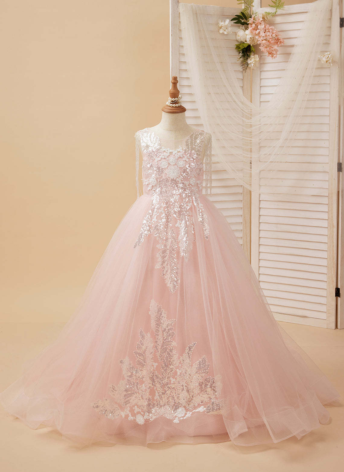 Princess-style Pink Satin Tulle Ball Gown for Flower Girls