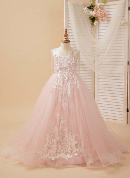 Princess-style Pink Satin Tulle Ball Gown for Flower Girls