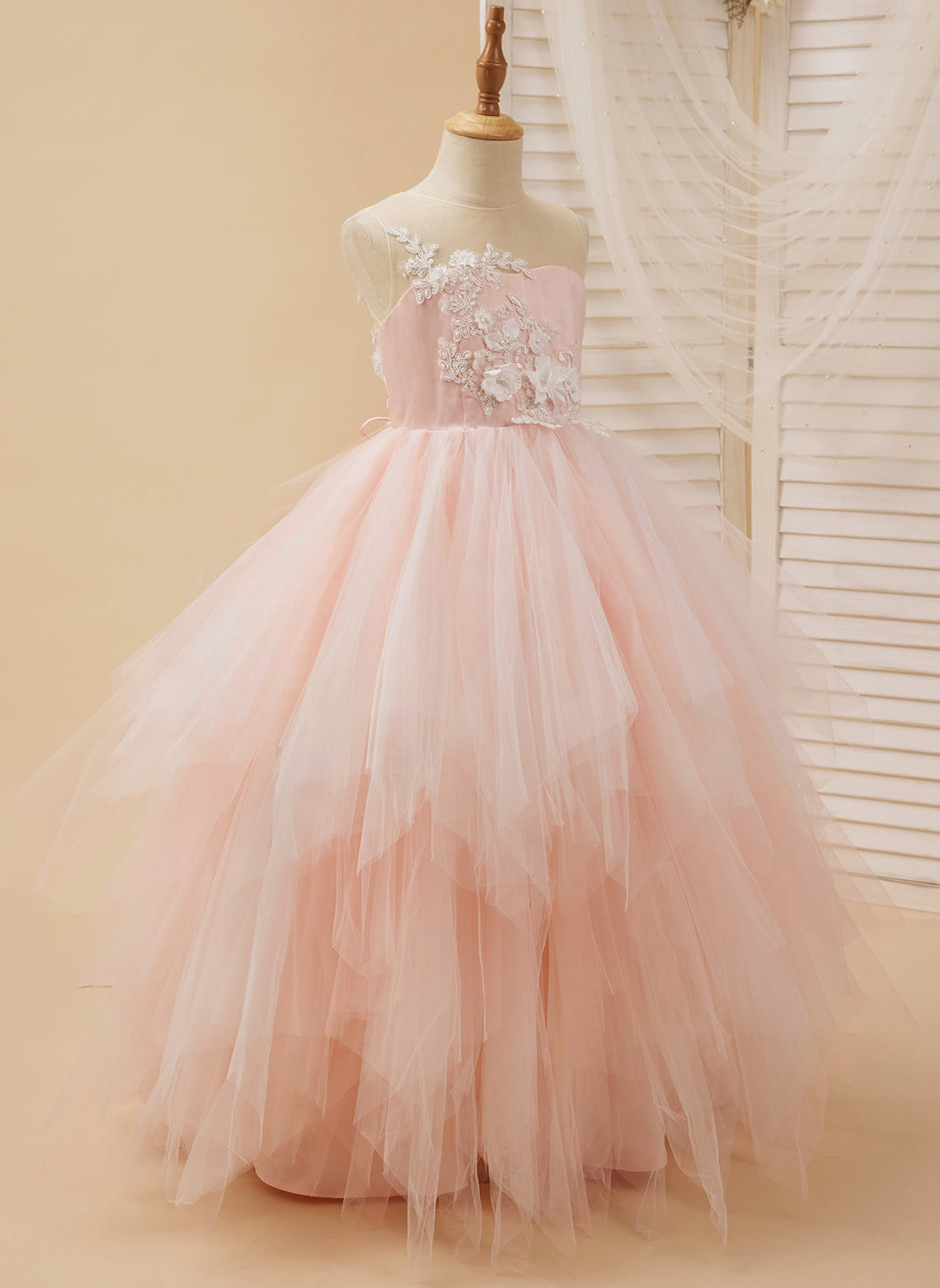 Pink Princess Lace Tulle Ball-Gown with Floor-length Hem