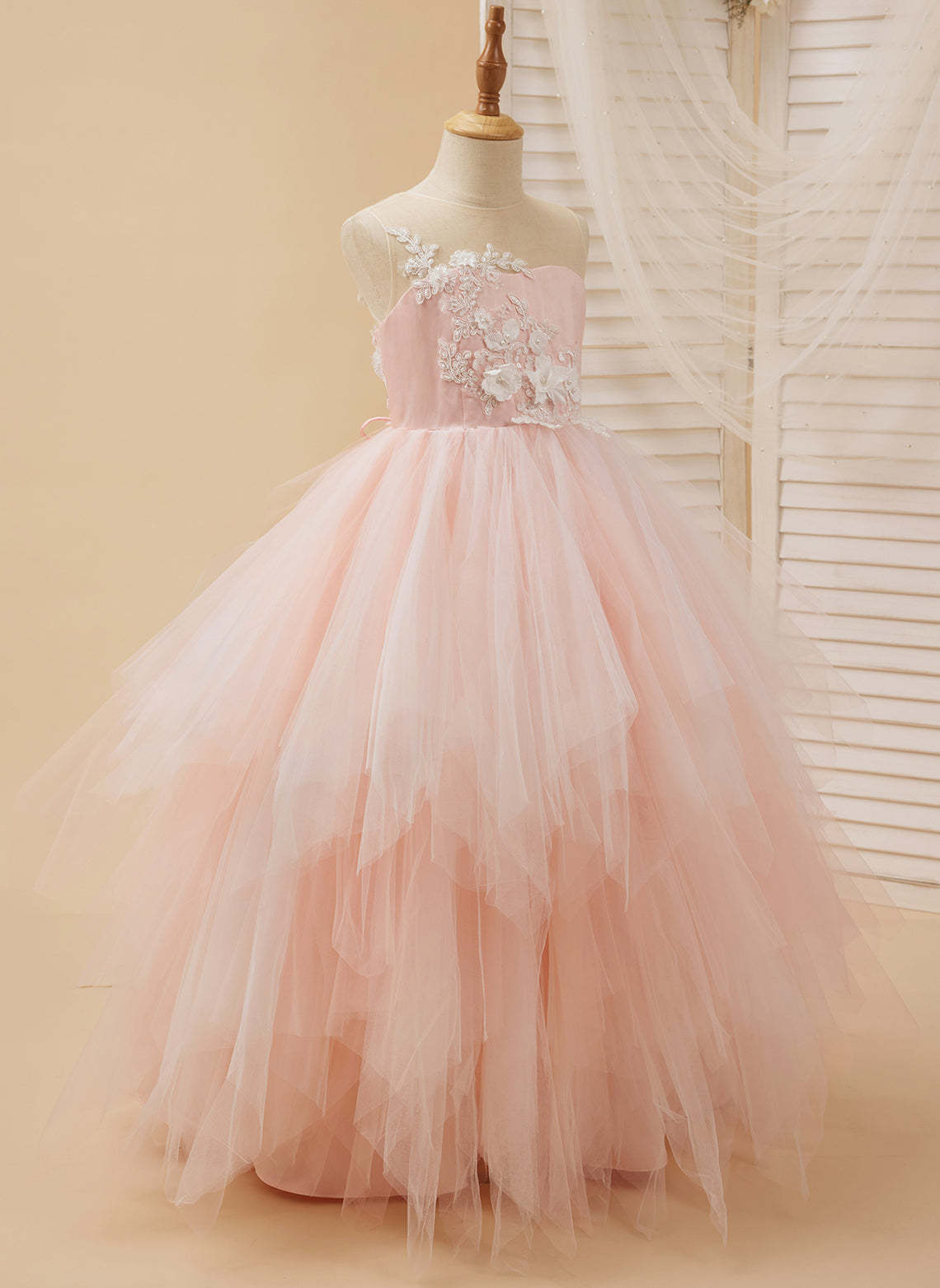 Pink Princess Lace Tulle Ball-Gown with Floor-length Hem