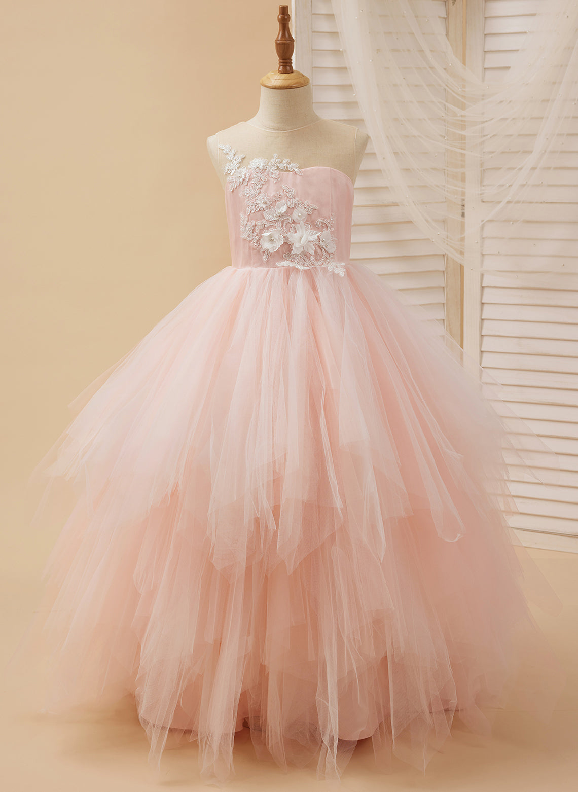 Pink Princess Lace Tulle Ball-Gown with Floor-length Hem