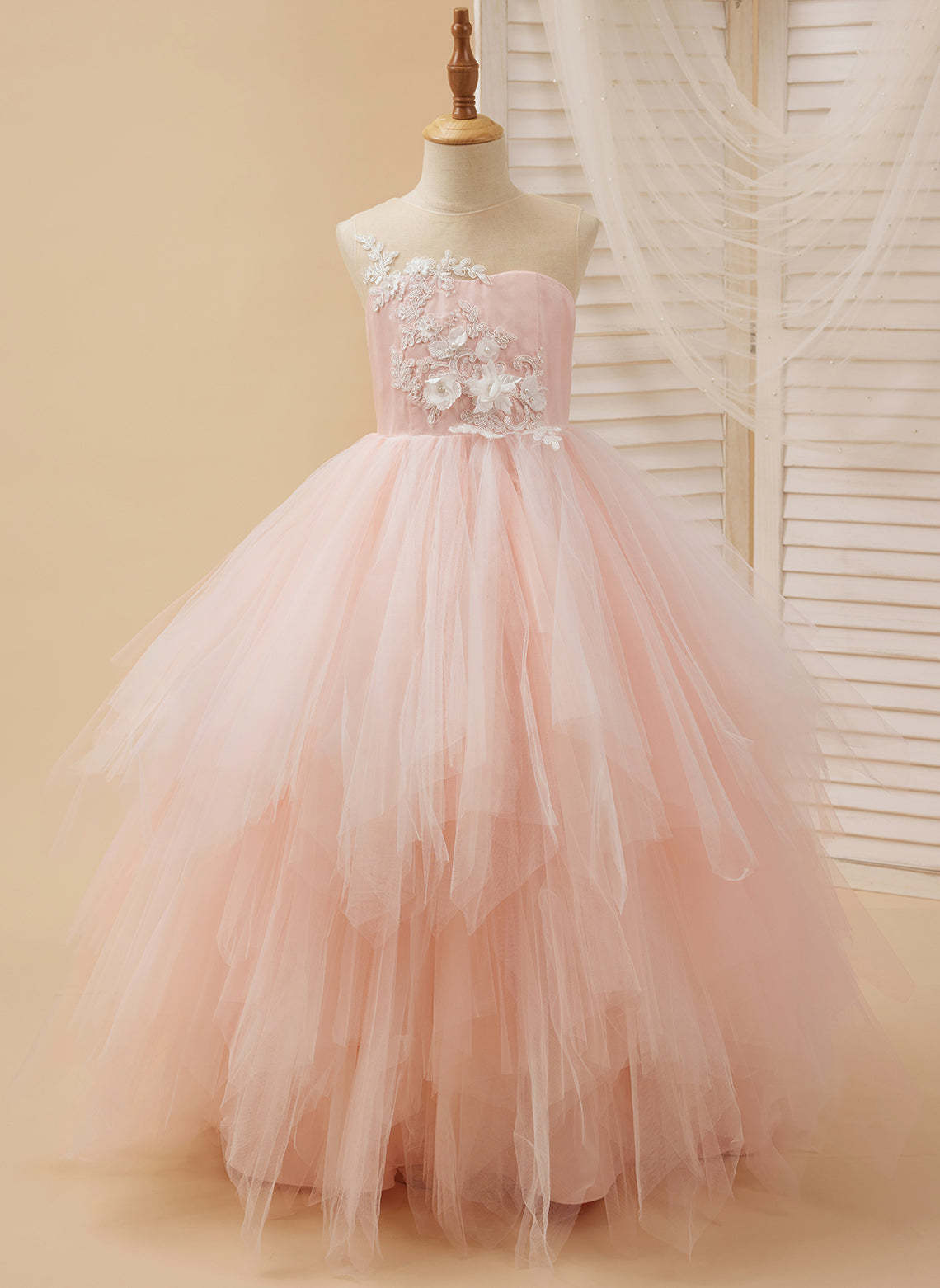 Pink Princess Lace Tulle Ball-Gown with Floor-length Hem