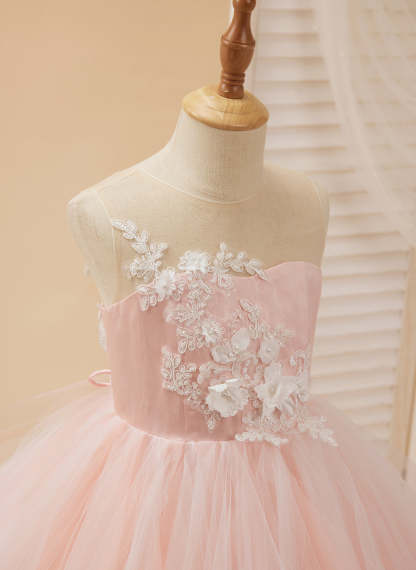 Pink Princess Lace Tulle Ball-Gown with Floor-length Hem