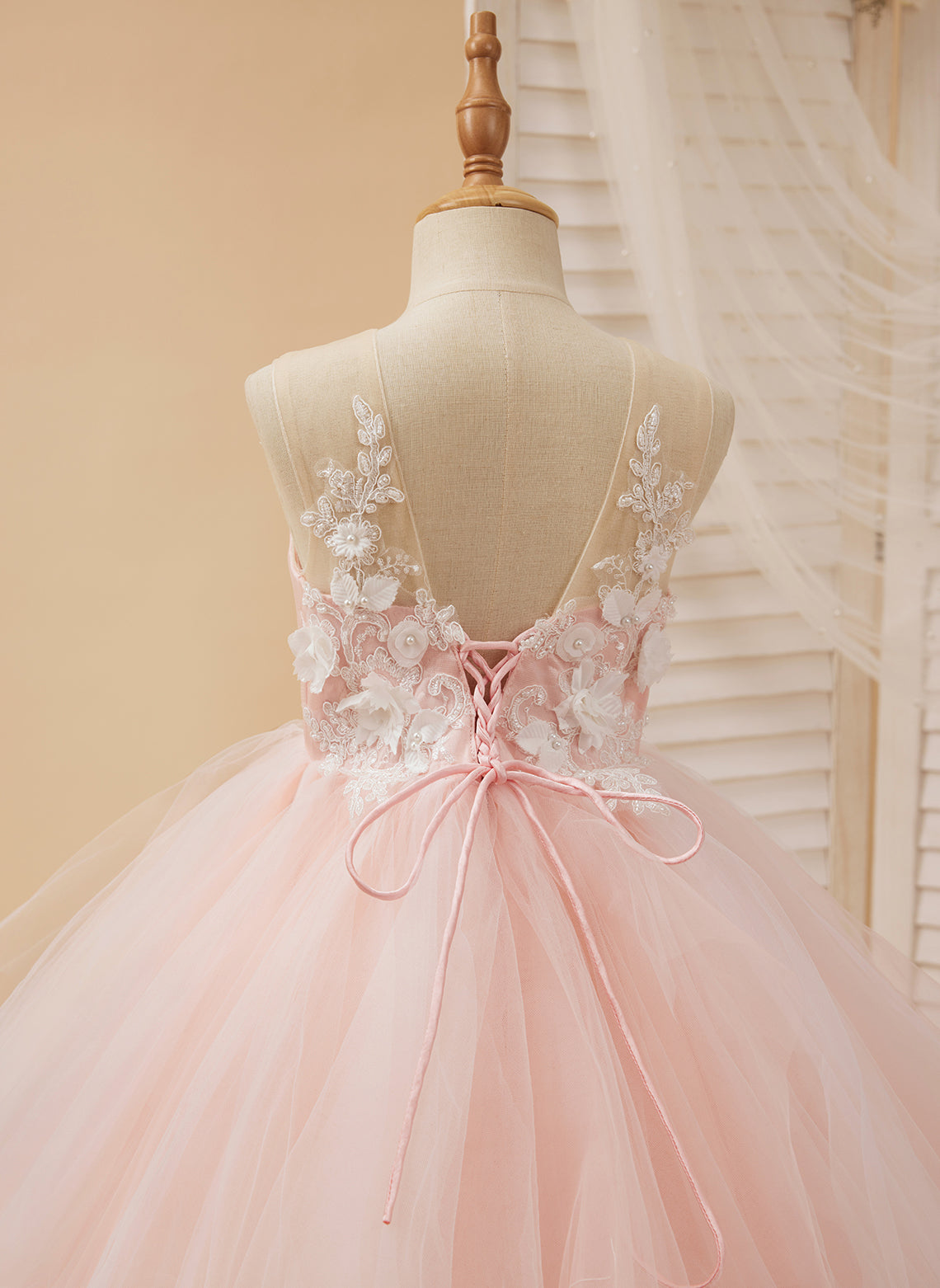 Pink Princess Lace Tulle Ball-Gown with Floor-length Hem