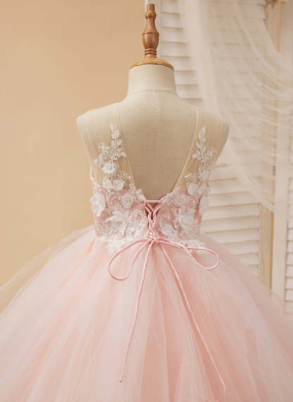 Pink Princess Lace Tulle Ball-Gown with Floor-length Hem