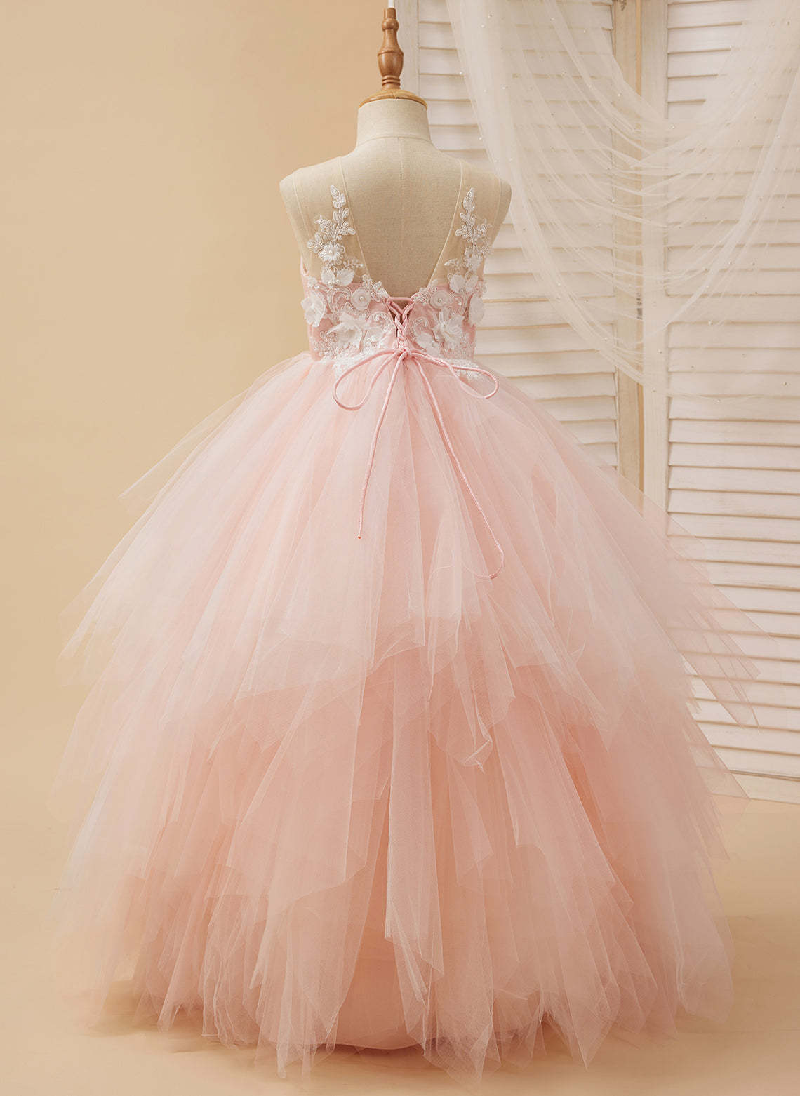 Pink Princess Lace Tulle Ball-Gown with Floor-length Hem