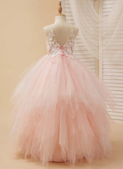 Pink Princess Lace Tulle Ball-Gown with Floor-length Hem