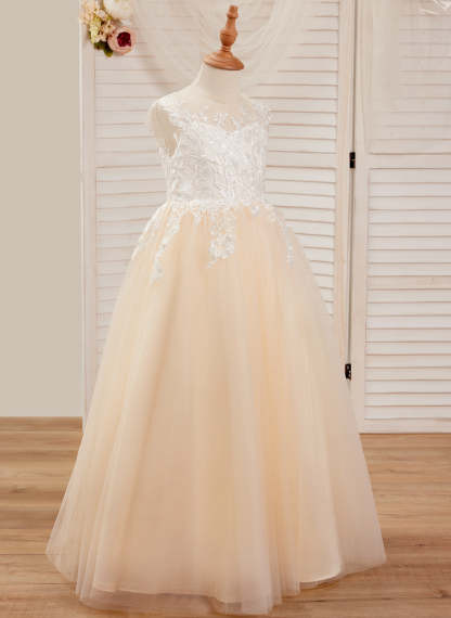 Pink Floor-length A-line Dress in Lace and Tulle