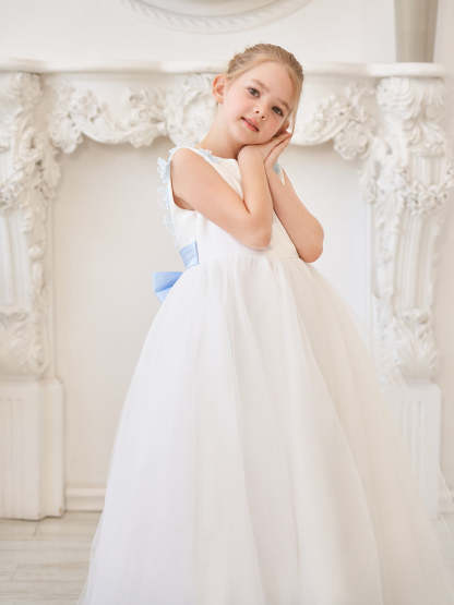 Ivory Floor-length Princess Ball-Gown with 3D Flower Tulle for Flower Girls