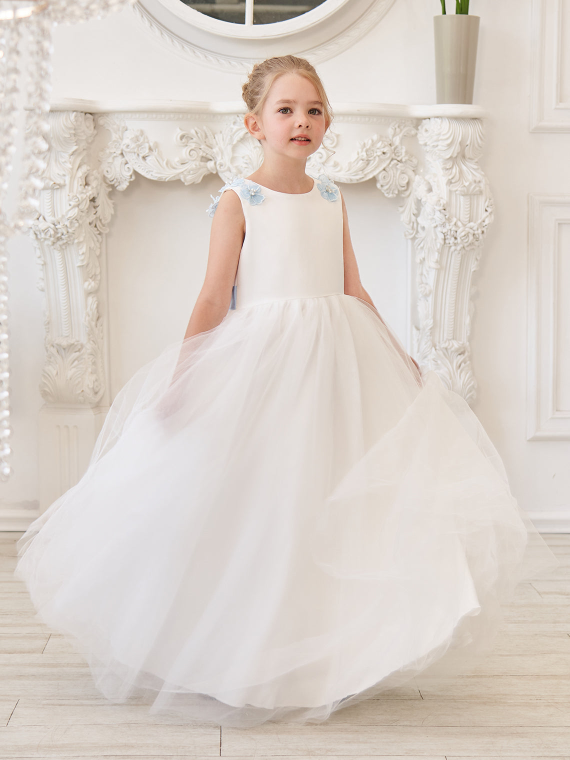 Ivory Floor-length Princess Ball-Gown with 3D Flower Tulle for Flower Girls