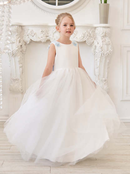 Ivory Floor-length Princess Ball-Gown with 3D Flower Tulle for Flower Girls