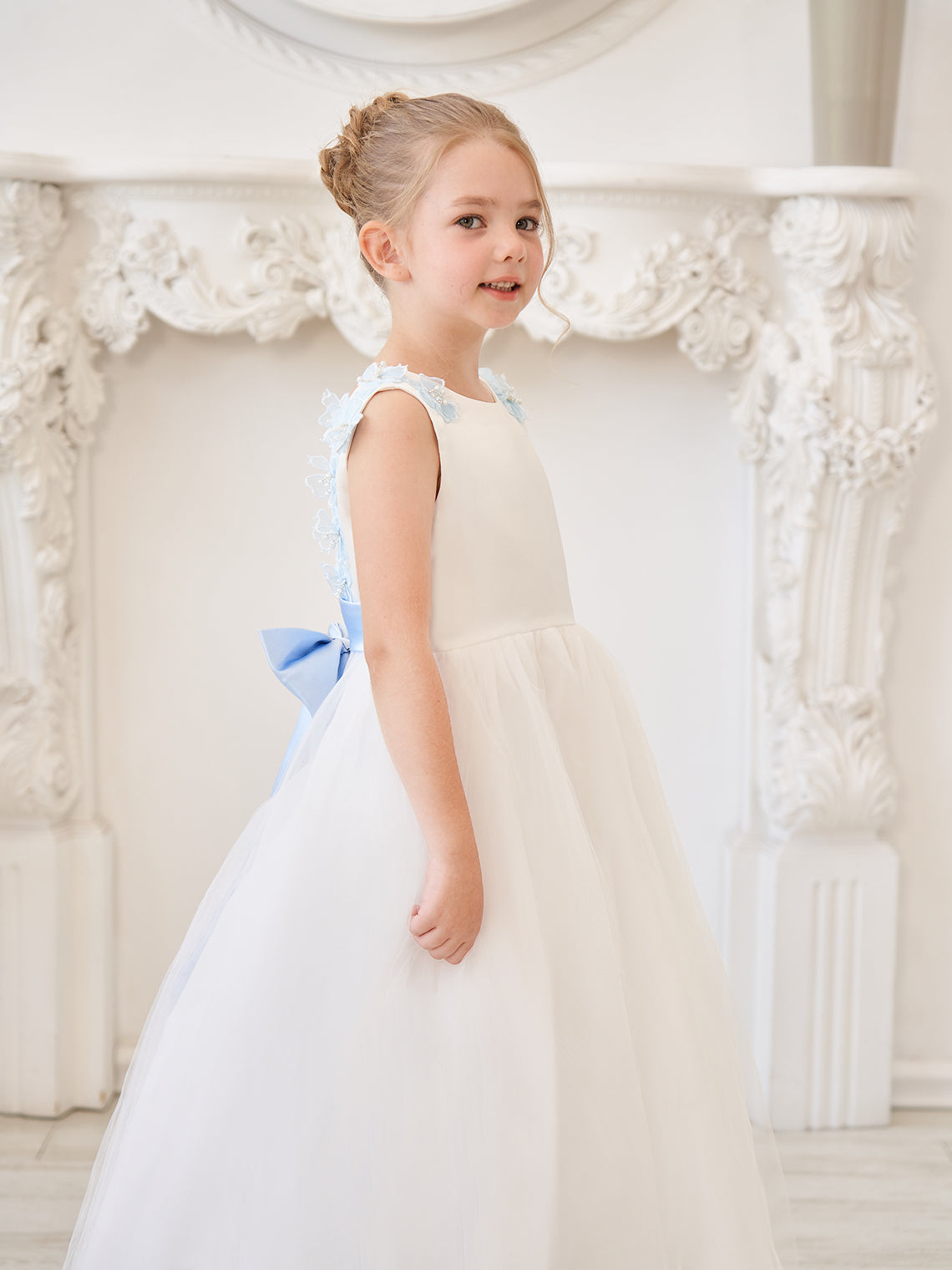 Ivory Floor-length Princess Ball-Gown with 3D Flower Tulle for Flower Girls