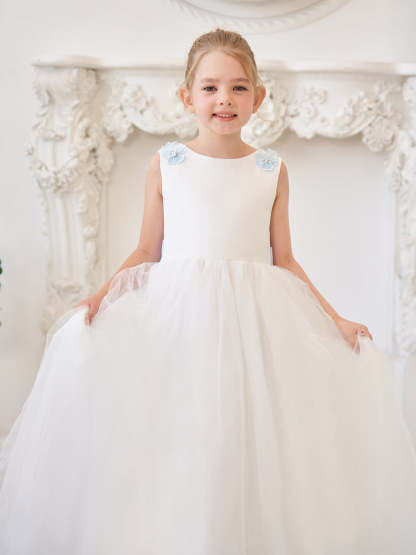 Ivory Floor-length Princess Ball-Gown with 3D Flower Tulle for Flower Girls