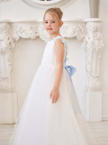 Ivory Floor-length Princess Ball-Gown with 3D Flower Tulle for Flower Girls