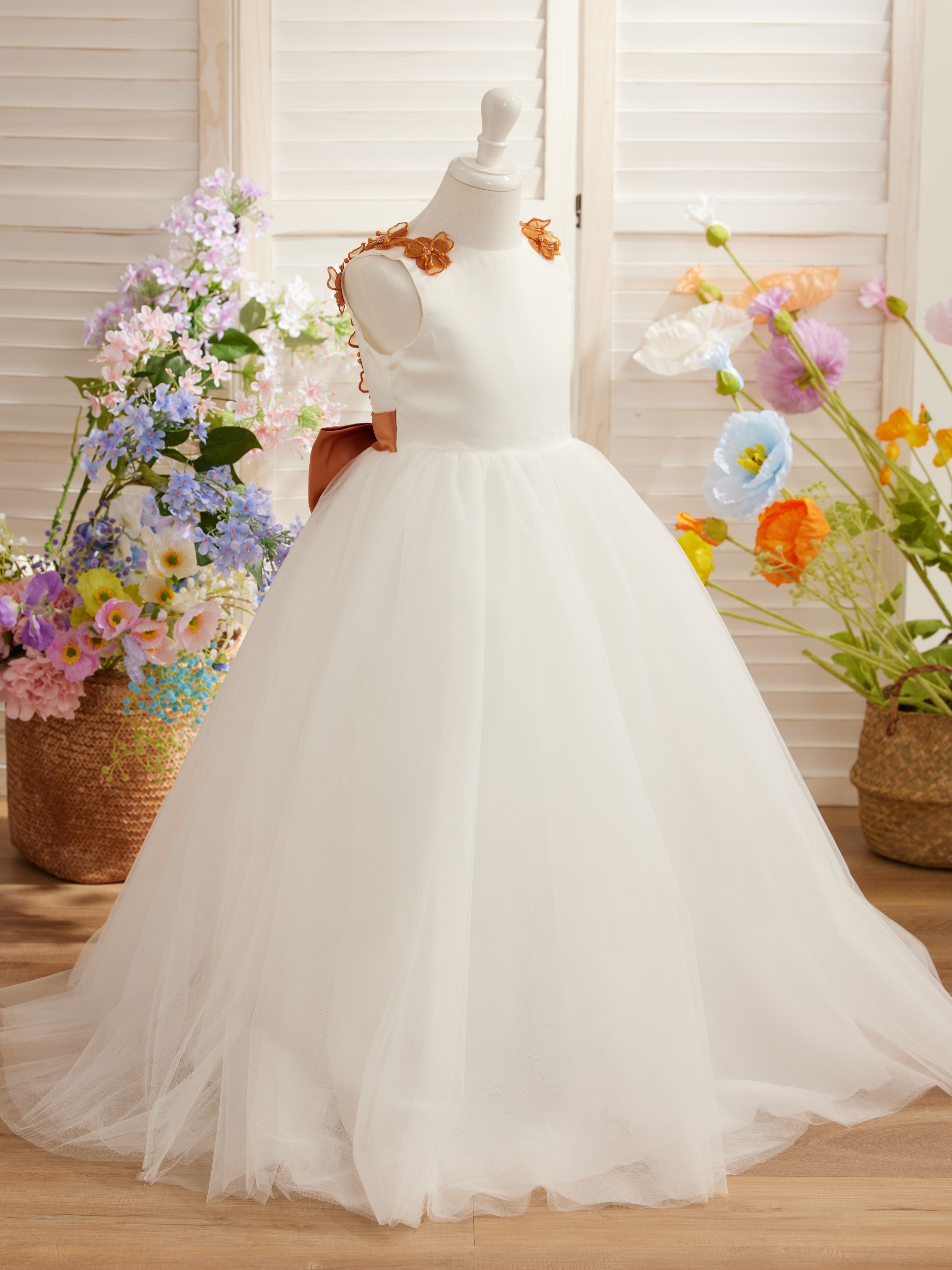 Ivory Floor-length Princess Ball-Gown with 3D Flower Tulle for Flower Girls