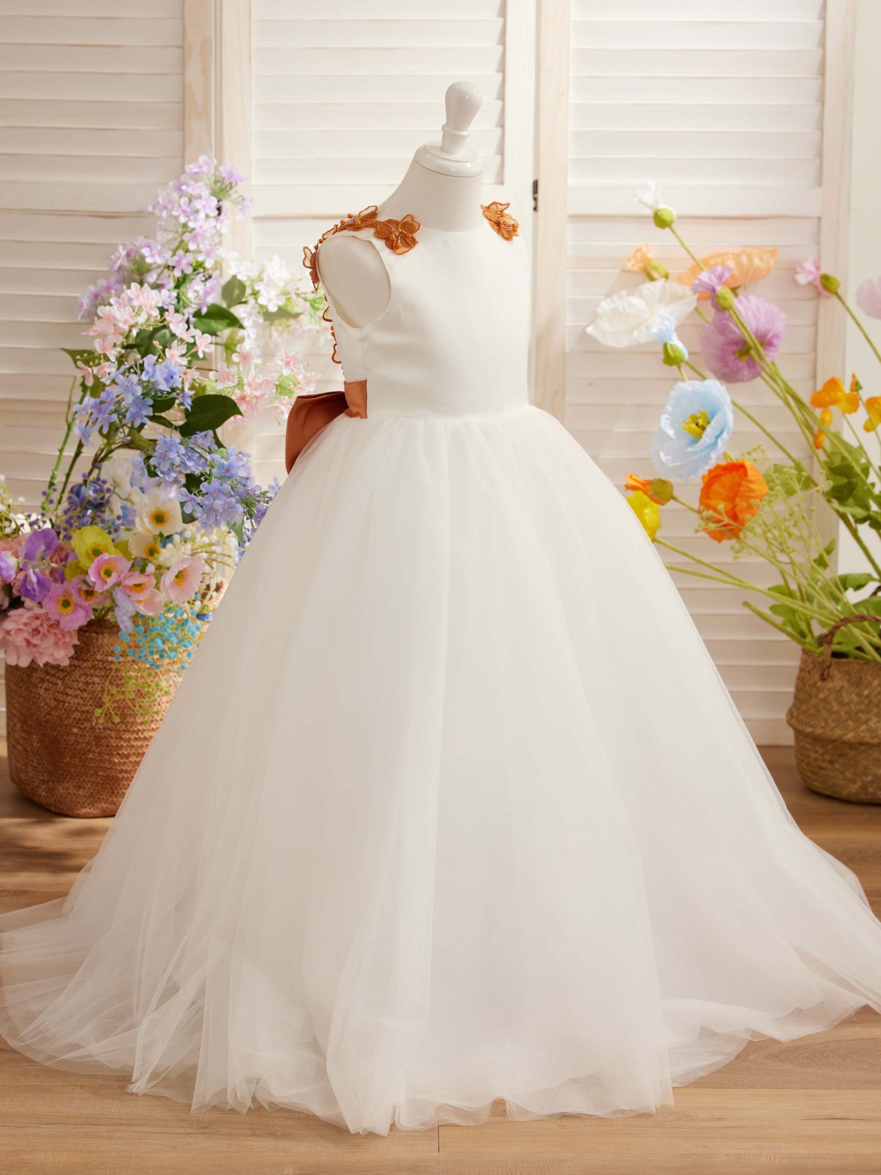 Ivory Floor-length Princess Ball-Gown with 3D Flower Tulle for Flower Girls