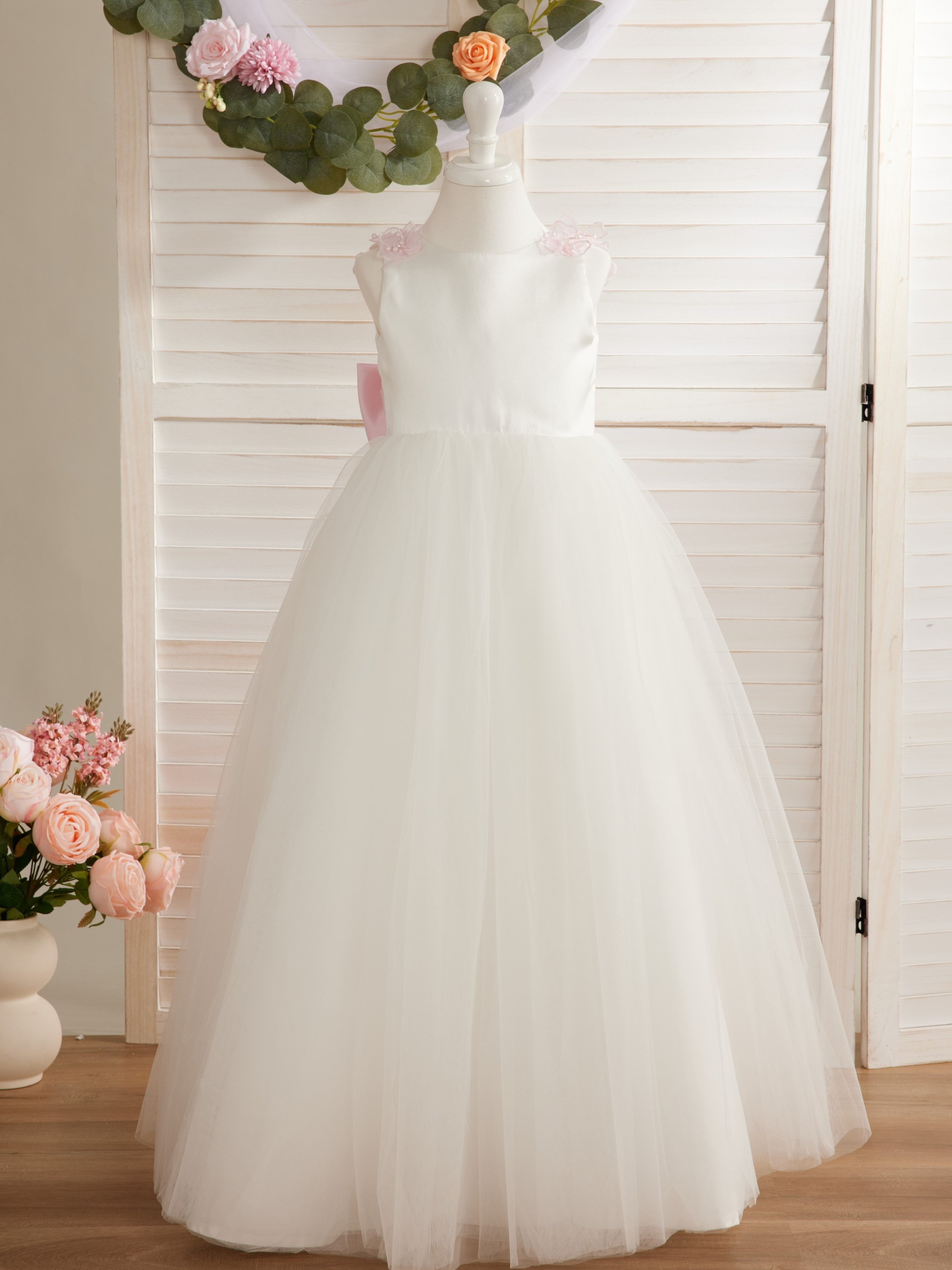 Ivory Floor-length Princess Ball-Gown with 3D Flower Tulle for Flower Girls