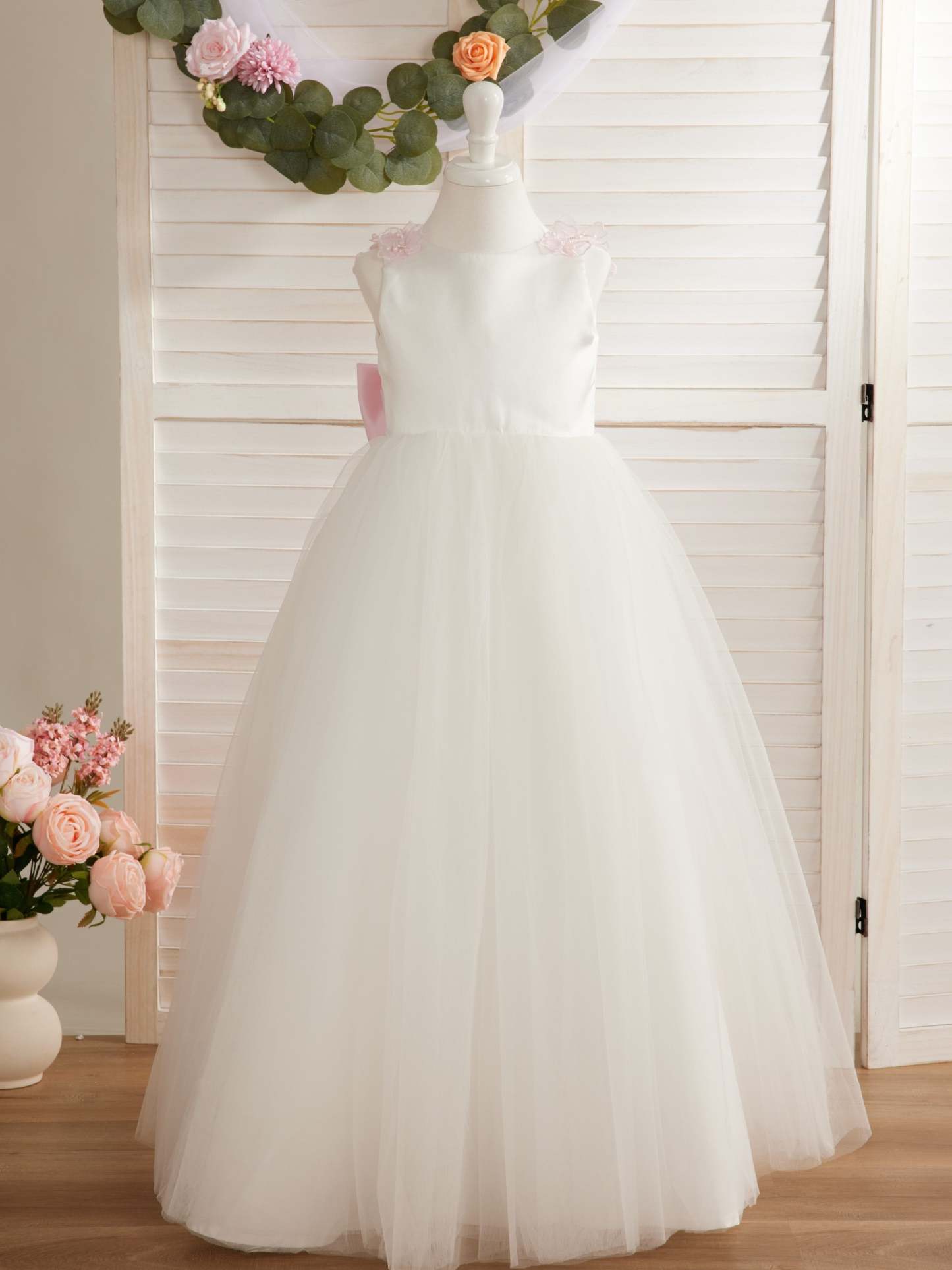 Ivory Floor-length Princess Ball-Gown with 3D Flower Tulle for Flower Girls