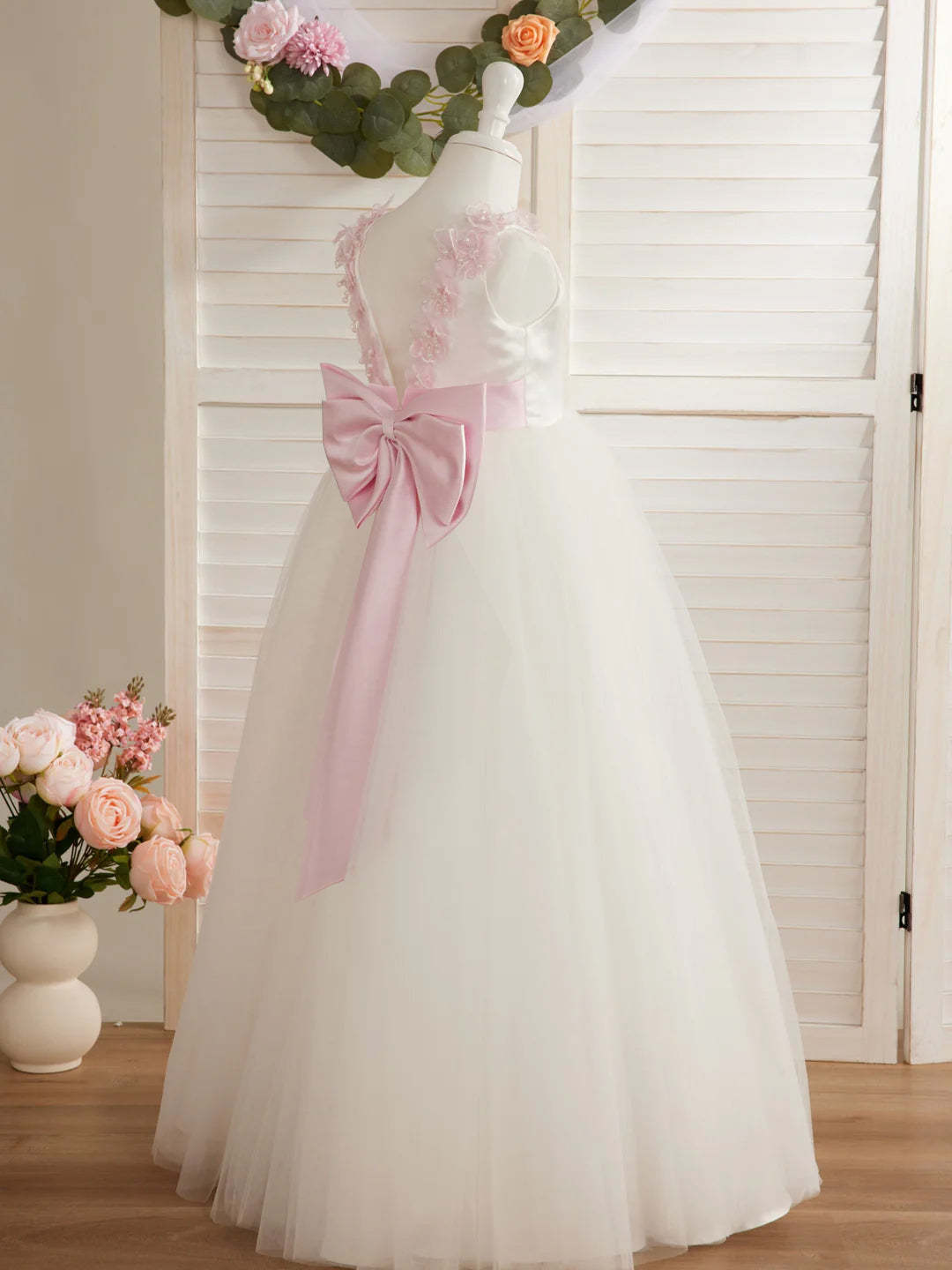 Ivory Floor-length Princess Ball-Gown with 3D Flower Tulle for Flower Girls