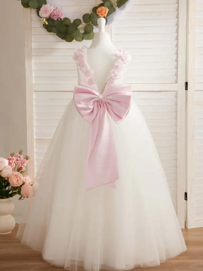 Ivory Floor-length Princess Ball-Gown with 3D Flower Tulle for Flower Girls