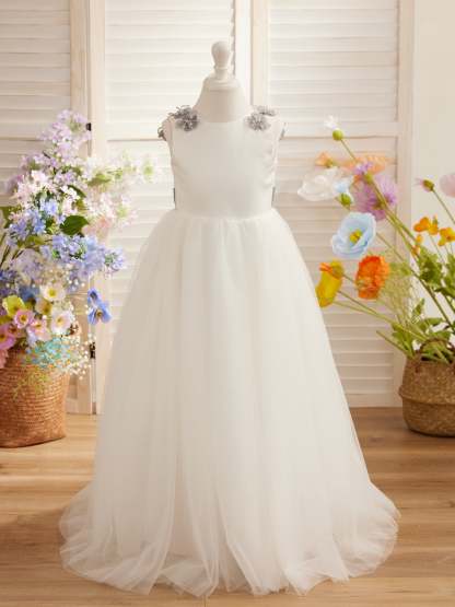 Ivory Floor-length Princess Ball-Gown with 3D Flower Tulle for Flower Girls