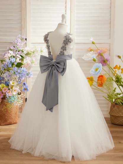 Ivory Floor-length Princess Ball-Gown with 3D Flower Tulle for Flower Girls