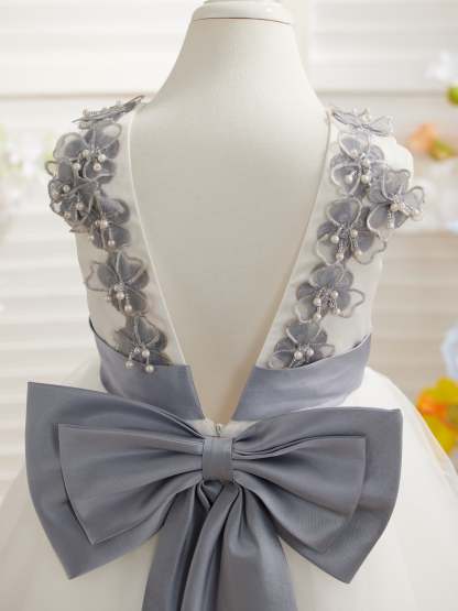 Ivory Floor-length Princess Ball-Gown with 3D Flower Tulle for Flower Girls