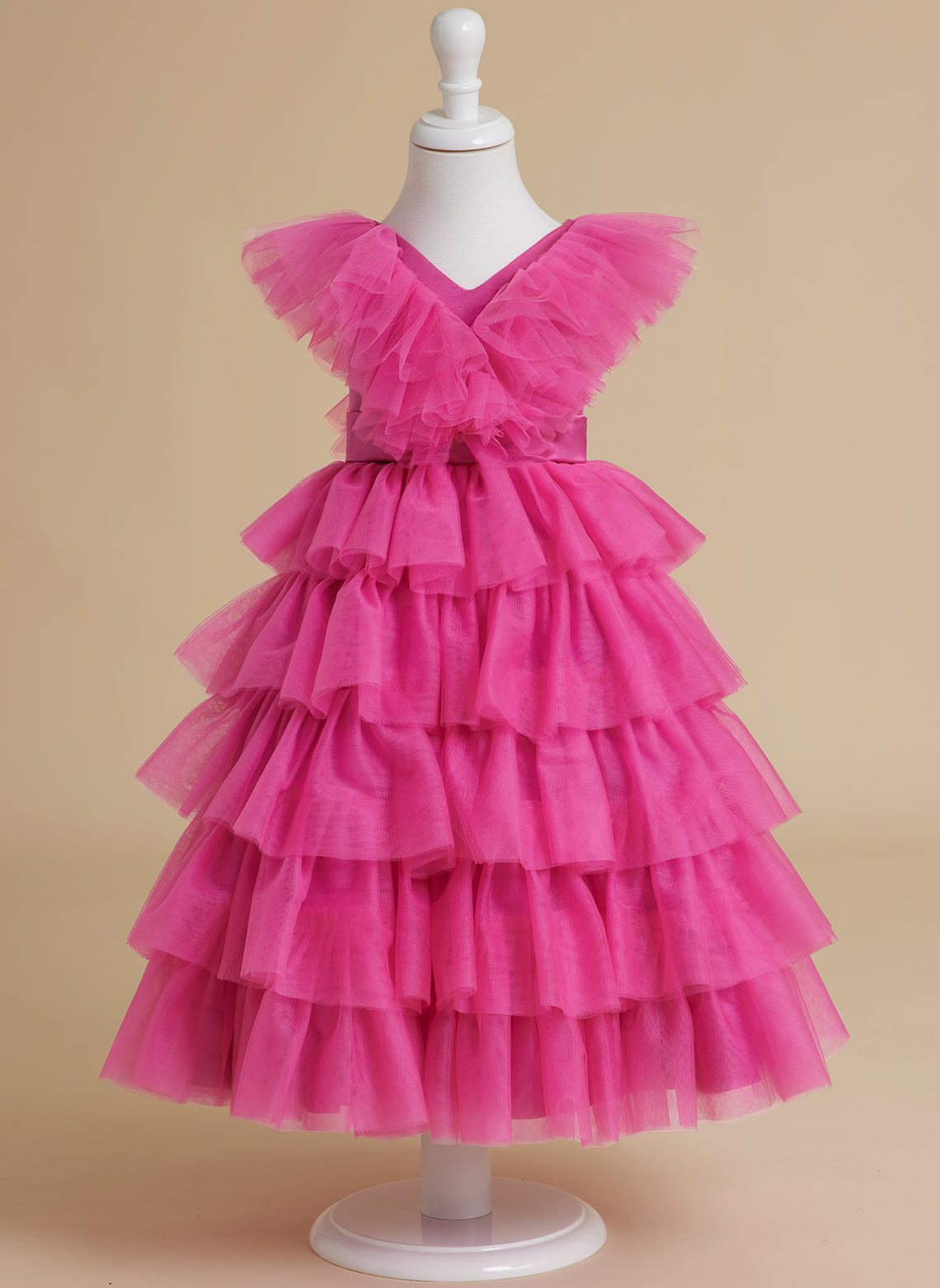 Pink Sleeveless Tulle Flower Girl Ball-Gown with Ruffles