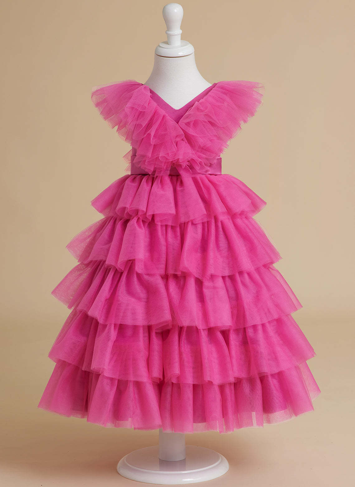 Pink Sleeveless Tulle Flower Girl Ball-Gown with Ruffles