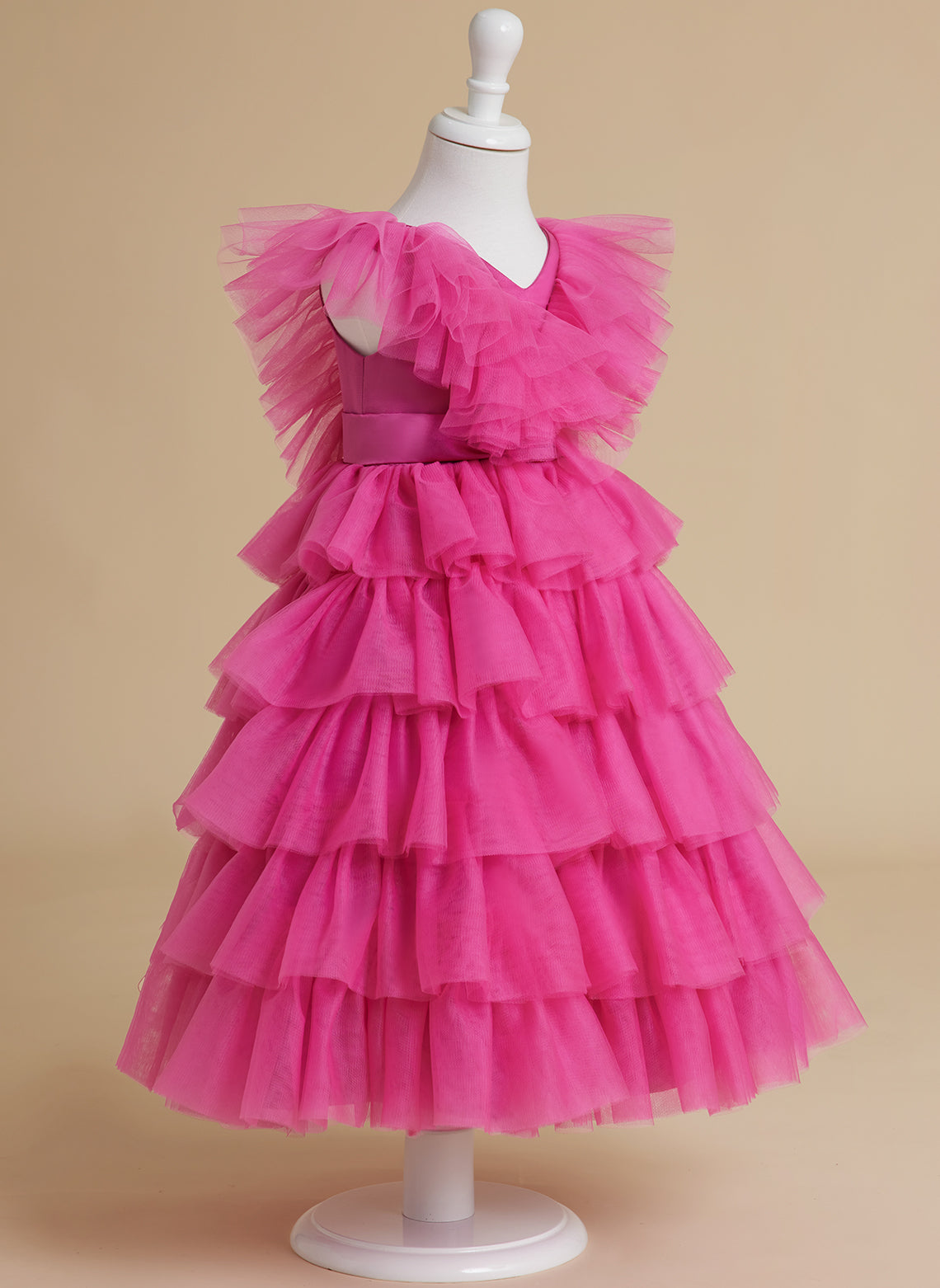 Pink Sleeveless Tulle Flower Girl Ball-Gown with Ruffles