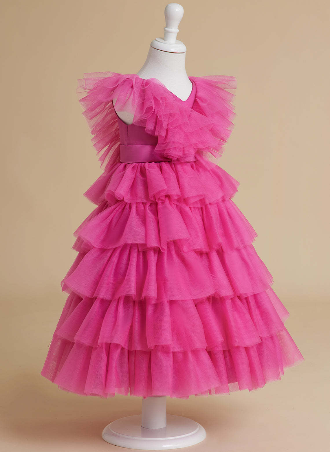 Pink Sleeveless Tulle Flower Girl Ball-Gown with Ruffles
