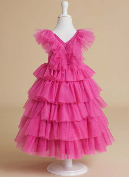 Pink Sleeveless Tulle Flower Girl Ball-Gown with Ruffles