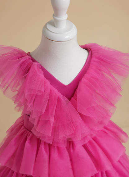 Pink Sleeveless Tulle Flower Girl Ball-Gown with Ruffles