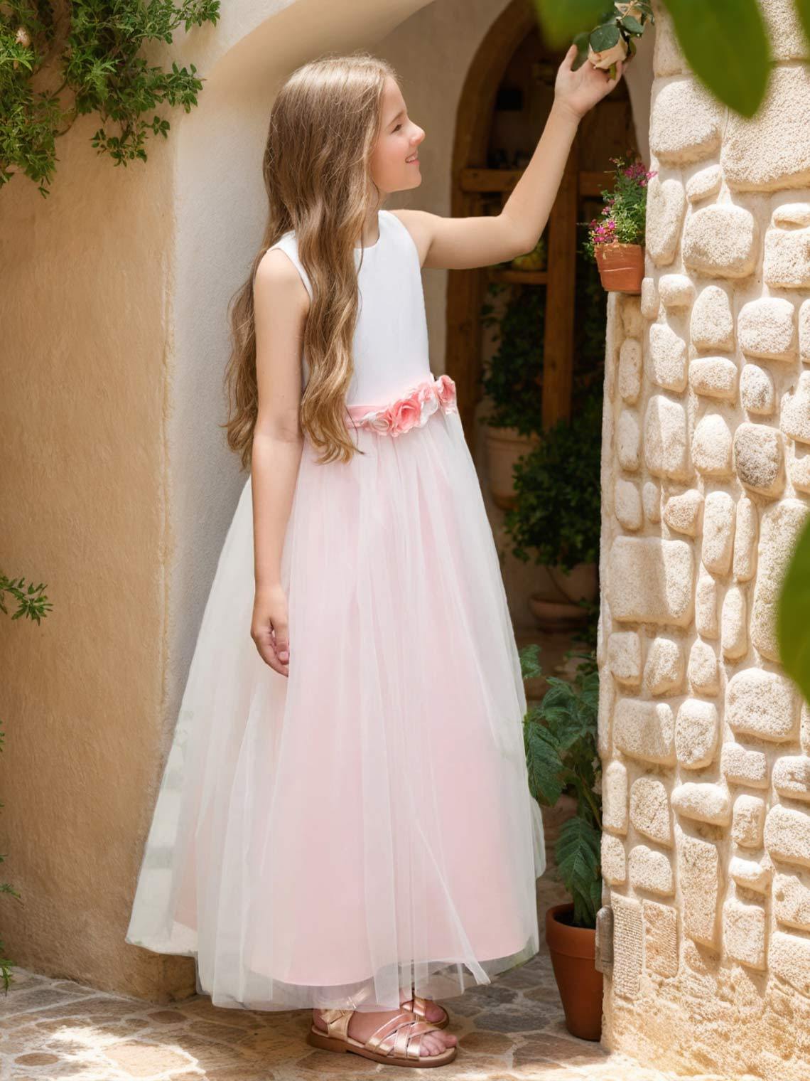 Ankle-length Flower Girl Dress with 3D Floral Satin Tulle A-line