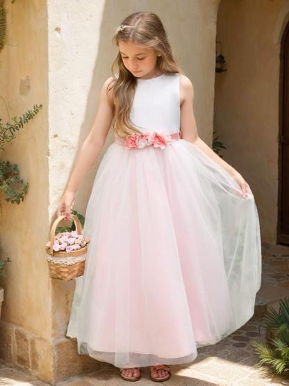 Ankle-length Flower Girl Dress with 3D Floral Satin Tulle A-line