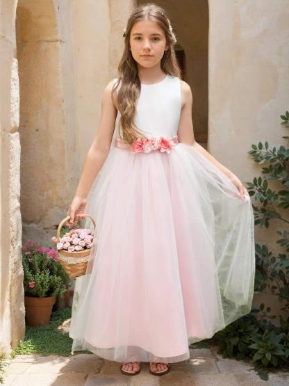 Ankle-length Flower Girl Dress with 3D Floral Satin Tulle A-line