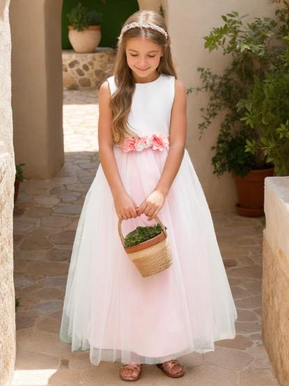Ankle-length Flower Girl Dress with 3D Floral Satin Tulle A-line