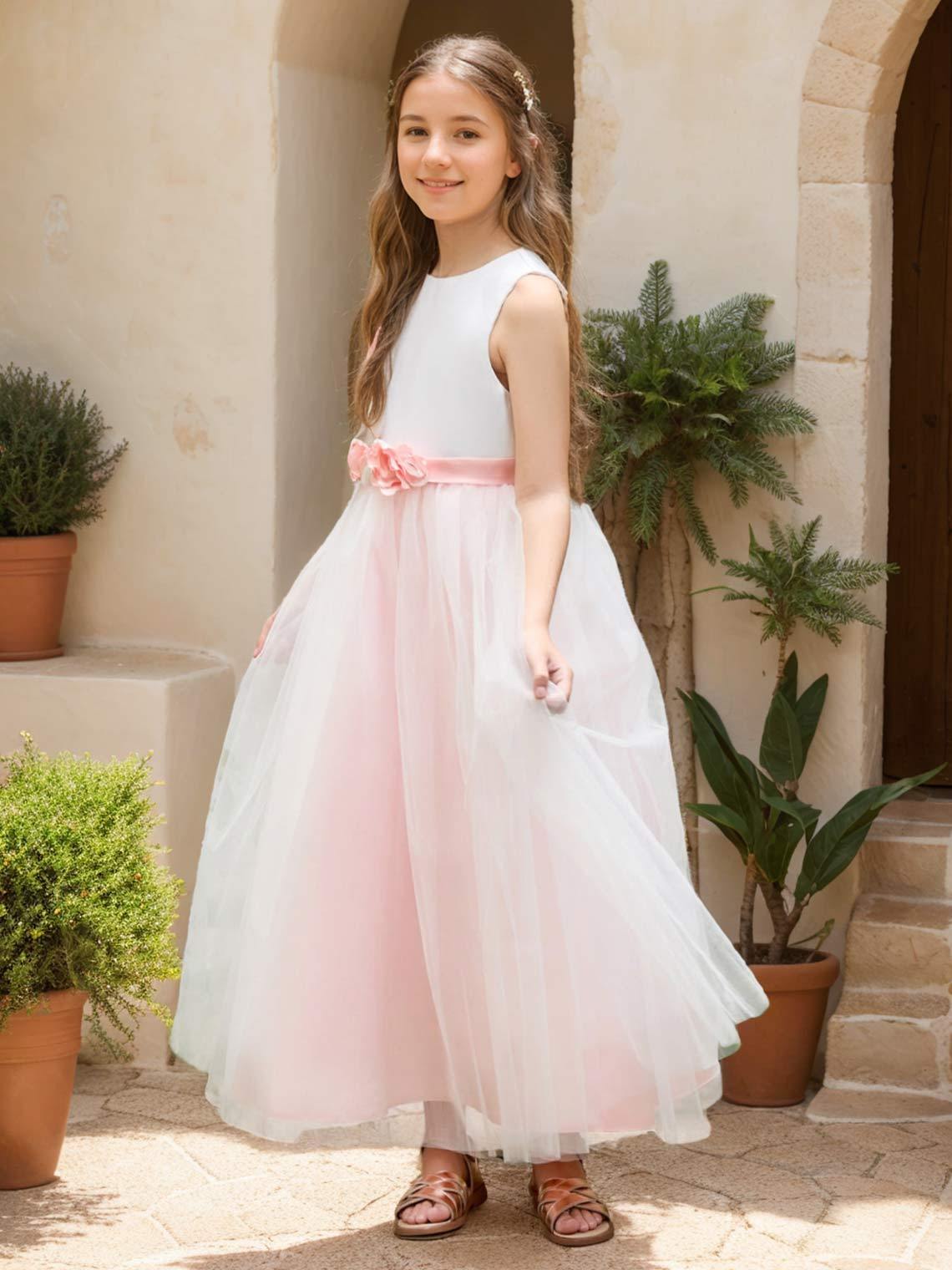 Ankle-length Flower Girl Dress with 3D Floral Satin Tulle A-line