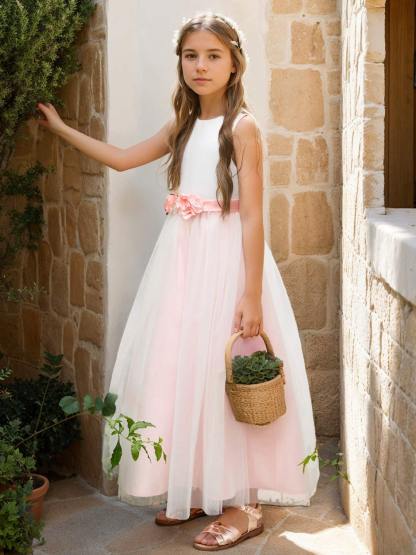 Ankle-length Flower Girl Dress with 3D Floral Satin Tulle A-line