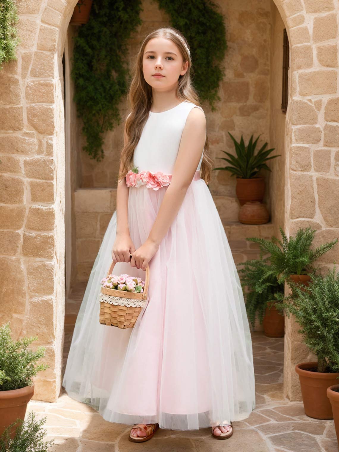 Ankle-length Flower Girl Dress with 3D Floral Satin Tulle A-line