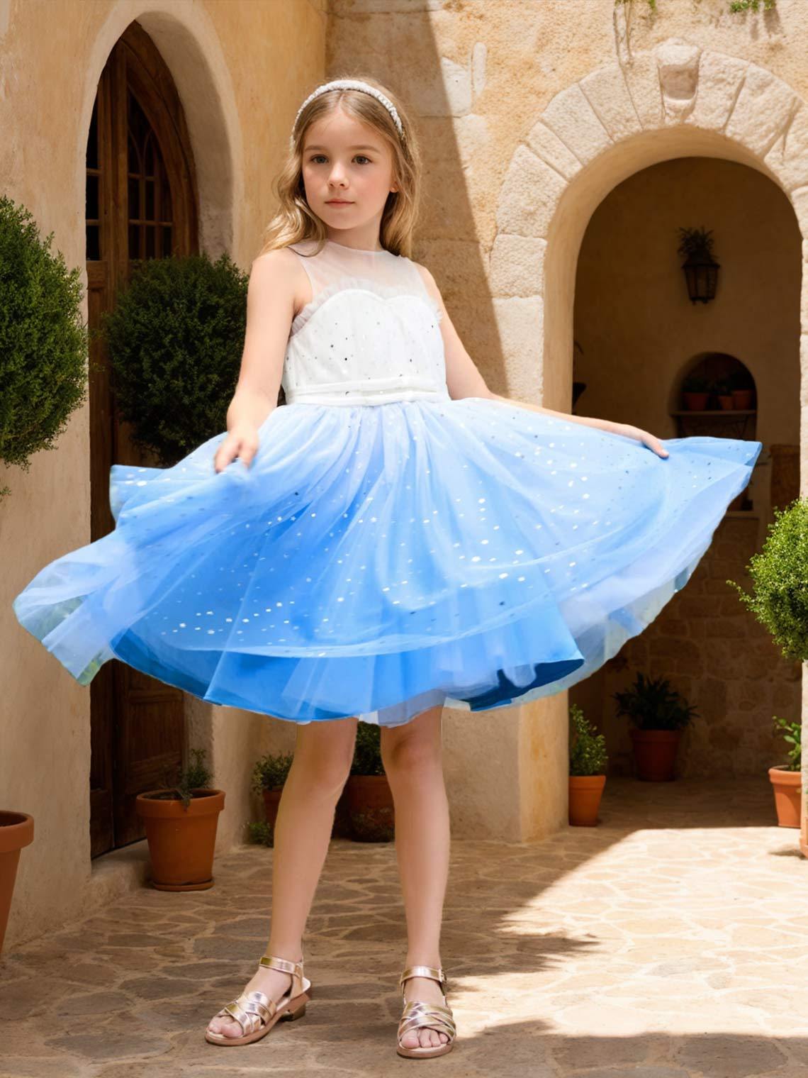Blue Princess Tulle Ball-Gown Dress for Flower Girls Knee-length