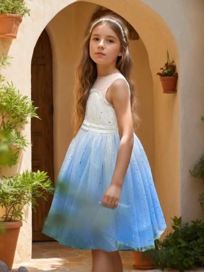 Blue Princess Tulle Ball-Gown Dress for Flower Girls Knee-length