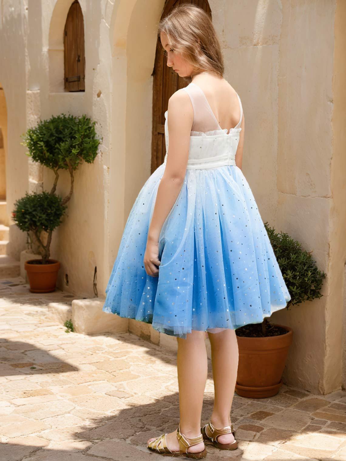 Blue Princess Tulle Ball-Gown Dress for Flower Girls Knee-length