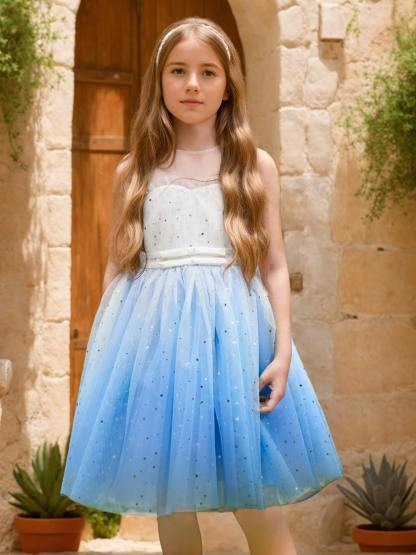 Blue Princess Tulle Ball-Gown Dress for Flower Girls Knee-length