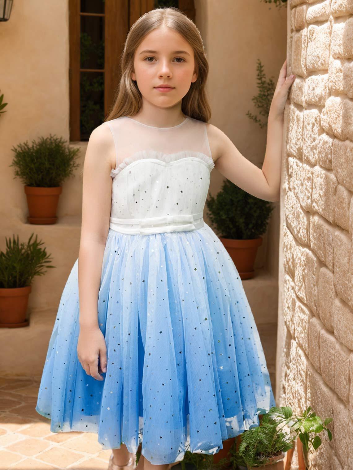 Blue Princess Tulle Ball-Gown Dress for Flower Girls Knee-length