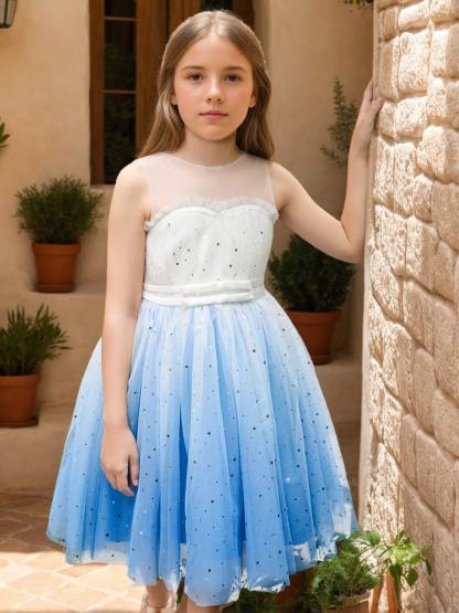 Blue Princess Tulle Ball-Gown Dress for Flower Girls Knee-length
